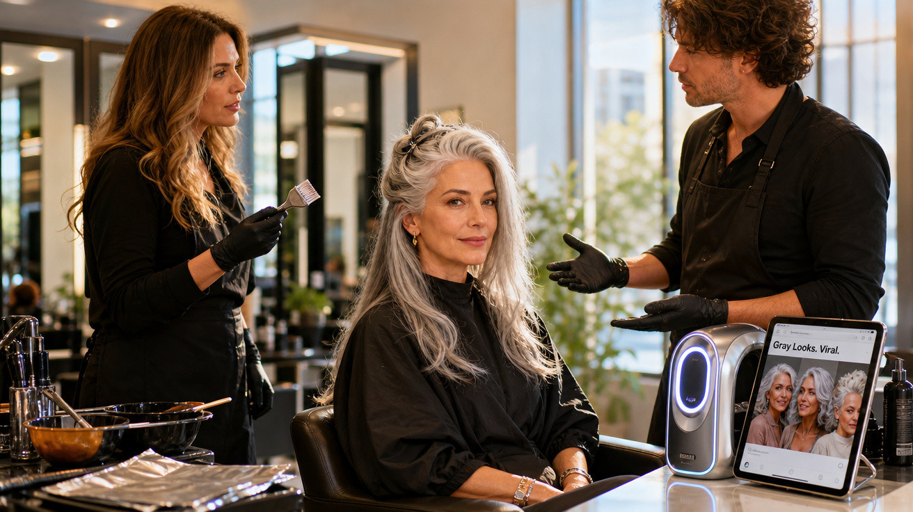 Mulher com cabelo grisalho sentada no cabeleireiro, com dois profissionais a discutir o estilo e coloração.