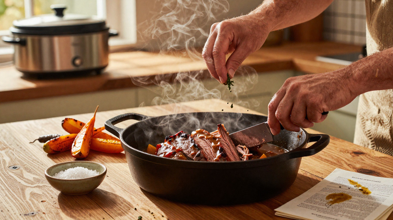 Mãos a temperar carne estufada fumegante numa panela preta, com cenouras assadas e sal na bancada de madeira.