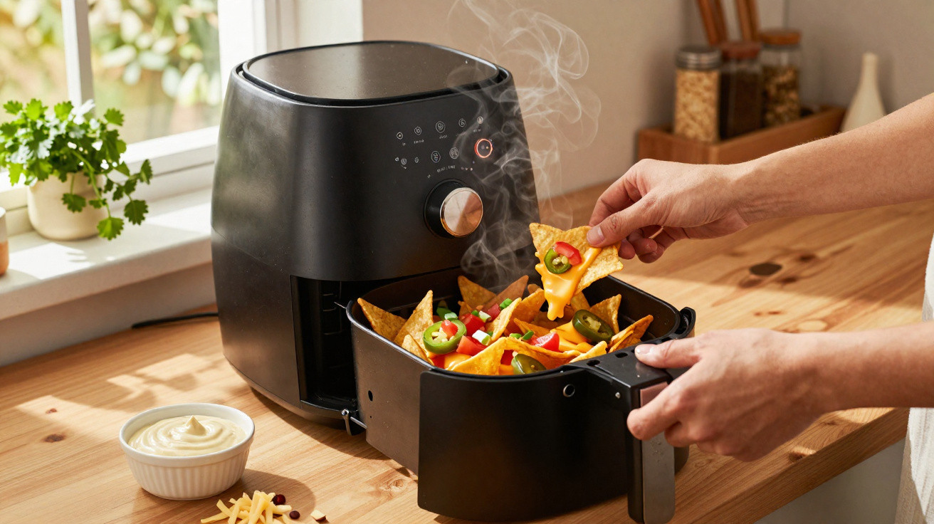 Máquina de ar quente com nachos quentes, queijo derretido e jalapeños, mão a pegar um nacho.