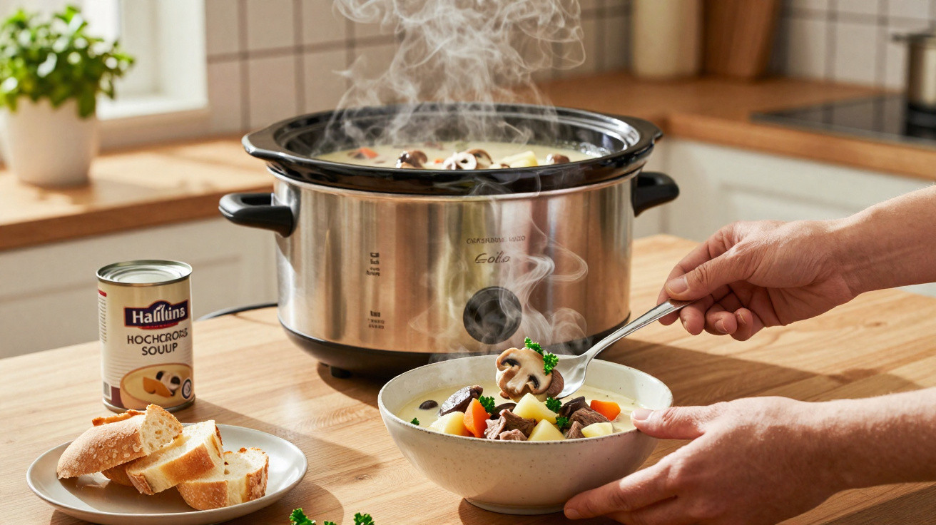 Mãos a servir sopa quente com legumes e carne numa tigela, panela elétrica e pão em prato na cozinha.