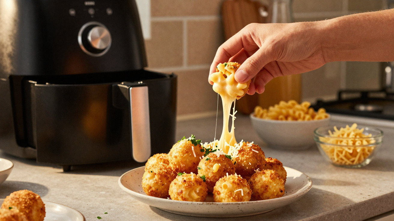 Mão a pegar bolinhos de macarrão com queijo derretido, com recipiente de cozinha ao fundo.