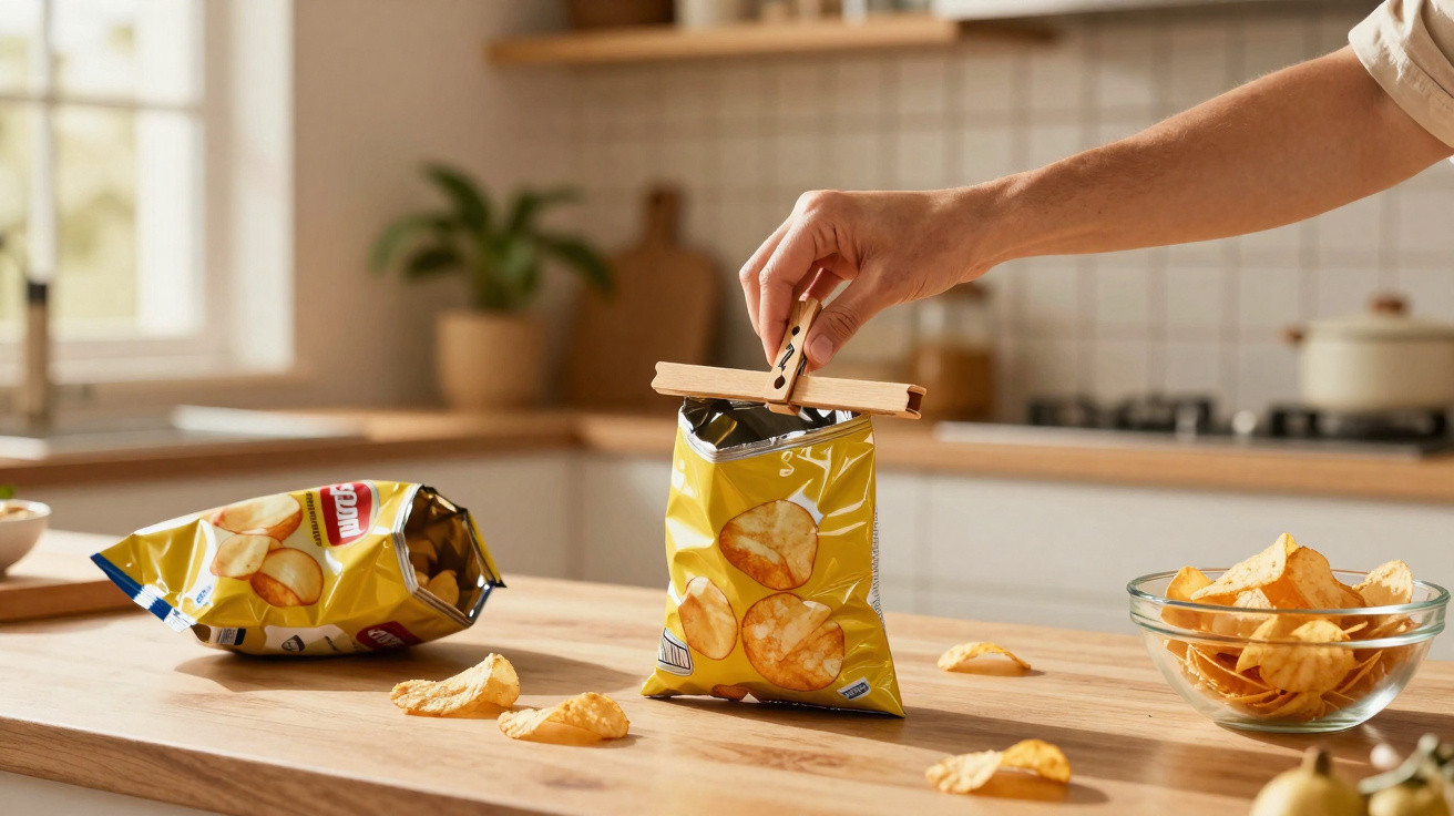 Mão a fechar um saco amarelo de batatas fritas com um pregador numa cozinha moderna.