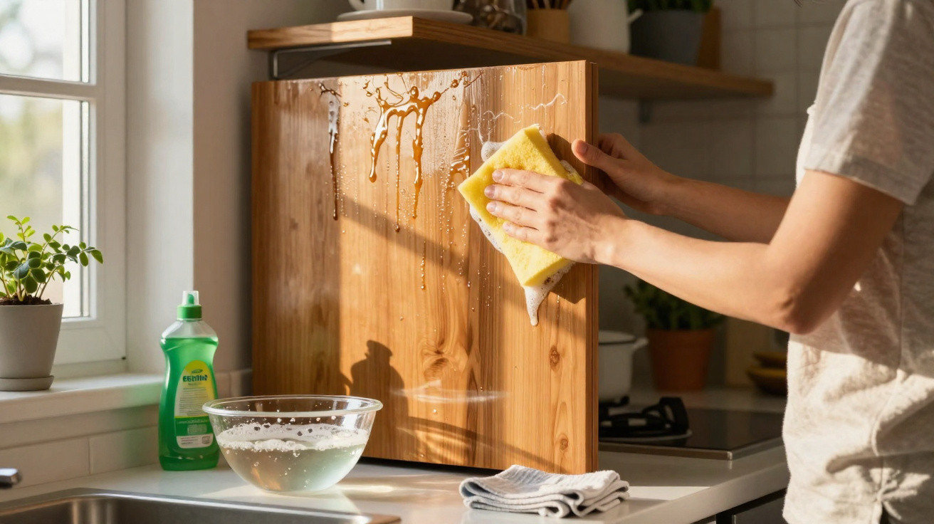 Pessoa a limpar tábua de cozinha de madeira com esponja amarela, luz natural pela janela ilumina a cena.