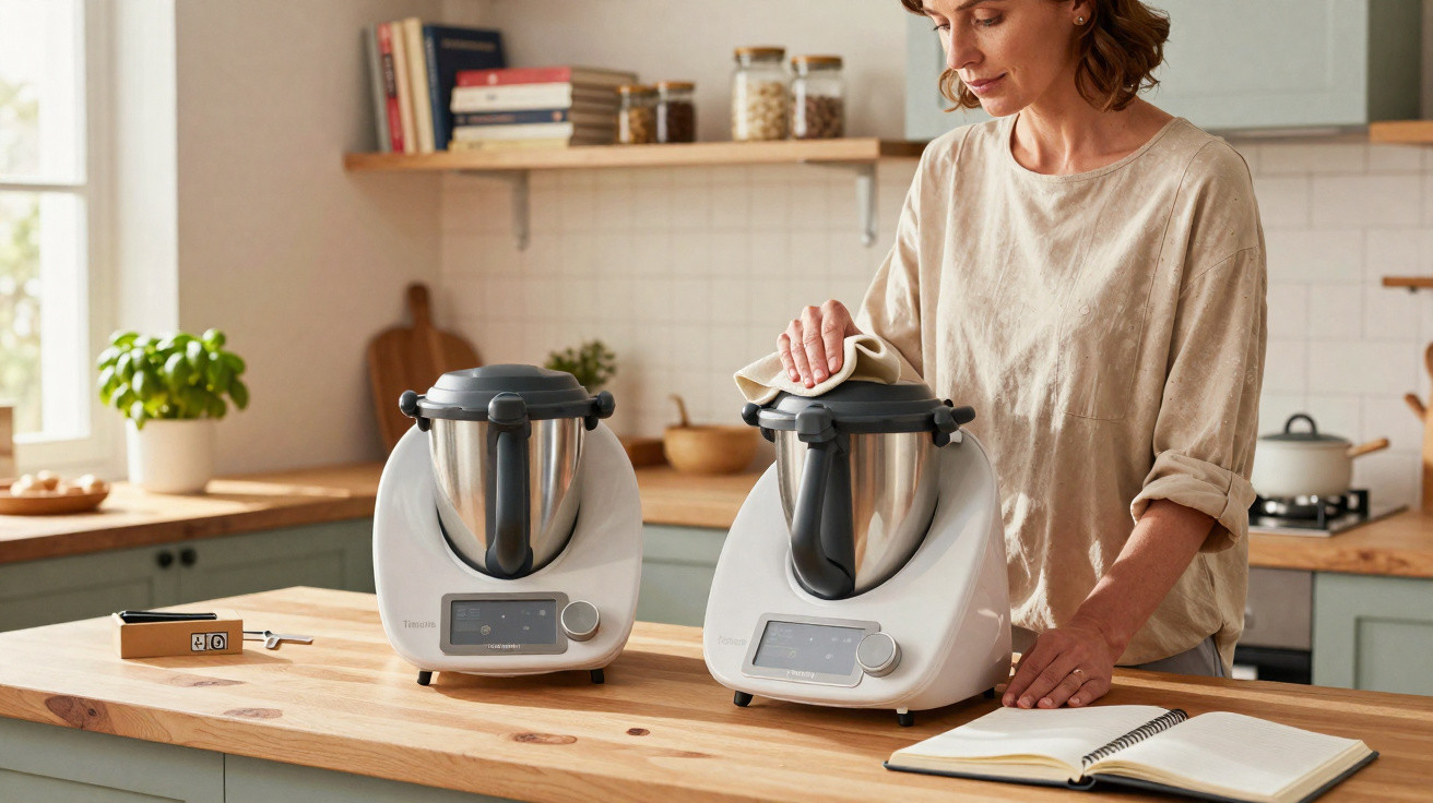 Mulher limpa tampa de robot de cozinha branco numa cozinha moderna com dois robots na bancada.