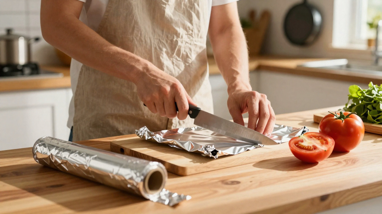 Pessoa a cortar papel de alumínio numa tábua de cozinha com tomate e ervas frescas ao lado.