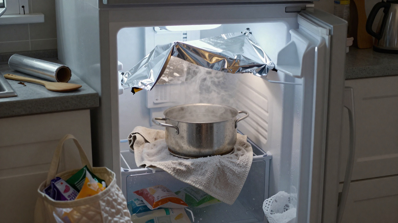 Panela a vapor dentro de frigorífico aberto, coberta com papel alumínio, bola de cozinha na bancada.