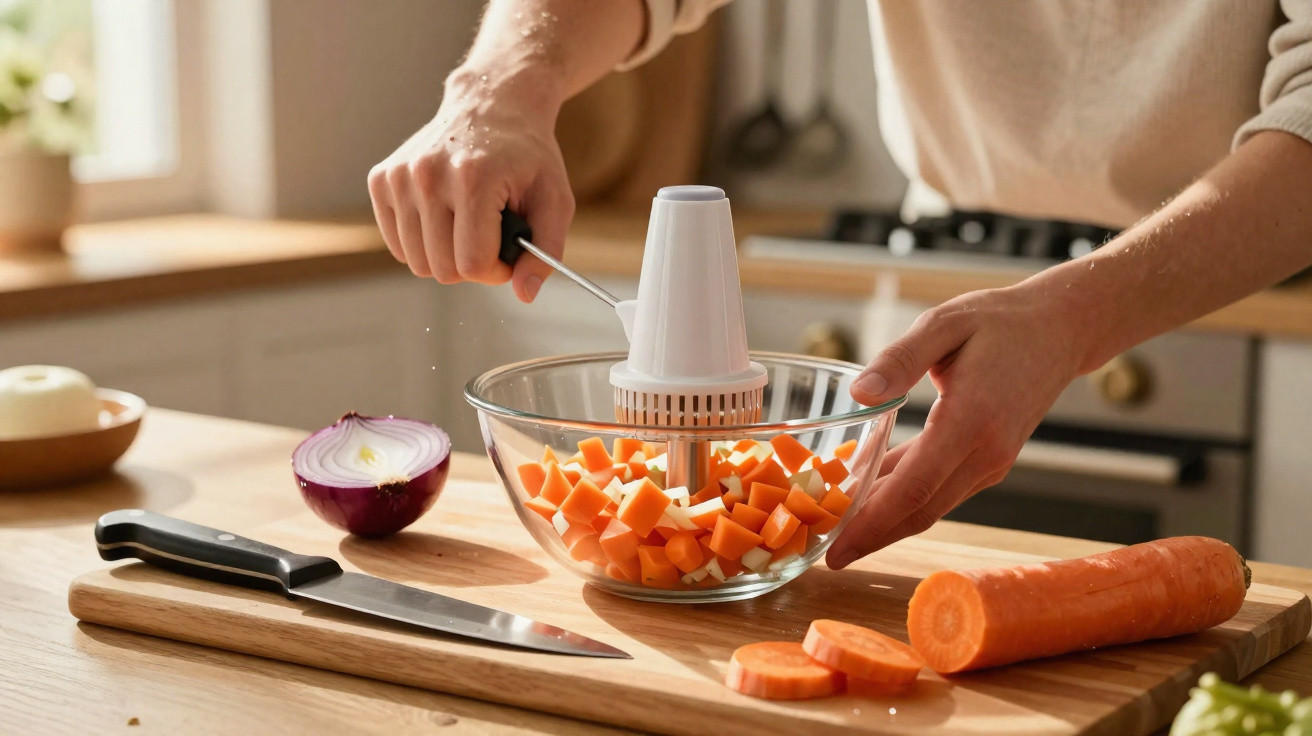 Pessoa a cortar cenouras numa rodelas transparentes com utensílio manual numa cozinha.