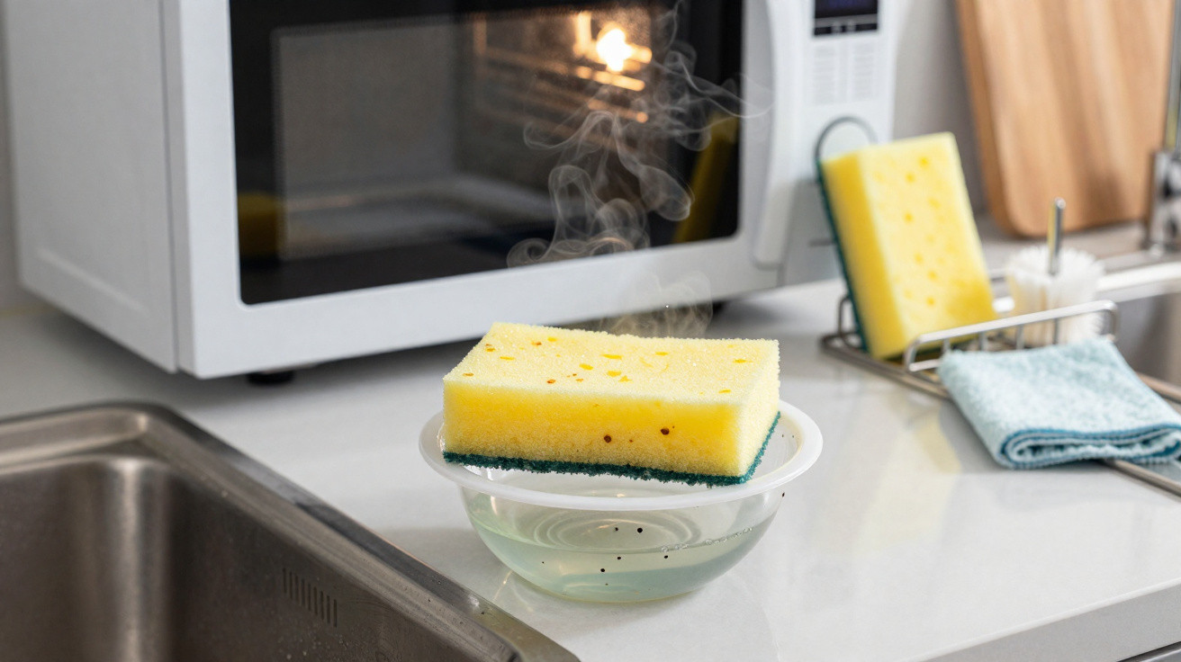 Esponja amarela a secar sobre um recipiente com água e micro-ondas ao fundo numa cozinha moderna.