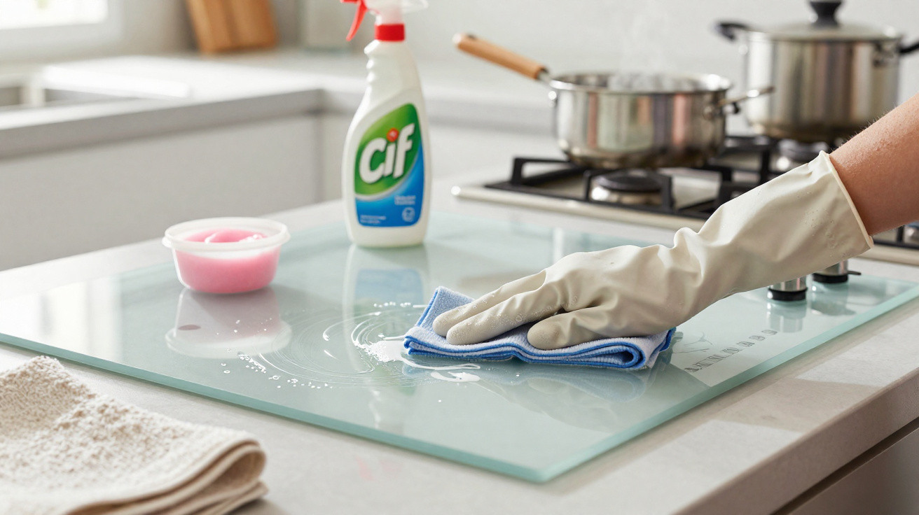 Mão com luva branca a limpar placa de fogão de vidro com pano azul e produto de limpeza Cif na bancada da cozinha.