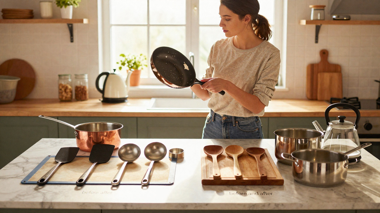 Mulher numa cozinha moderna segurando uma frigideira, com utensílios de cozinha alinhados numa bancada.