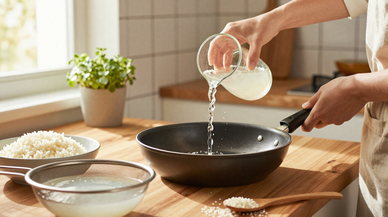 Pessoa a deitar água numa frigideira numa cozinha com arroz e coador na bancada.
