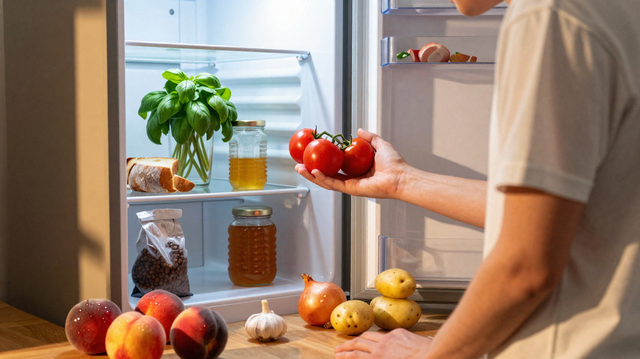 Pessoa a retirar tomates de frigorífico aberto com legumes e frutas na bancada de madeira.