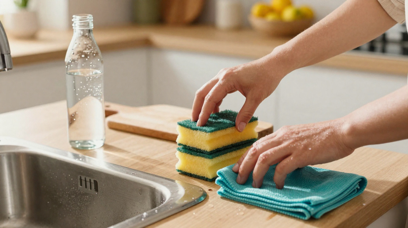 Mãos a colocar esponjas de lavar e um pano azul junto a uma bancada de cozinha com garrafa de água e pia.