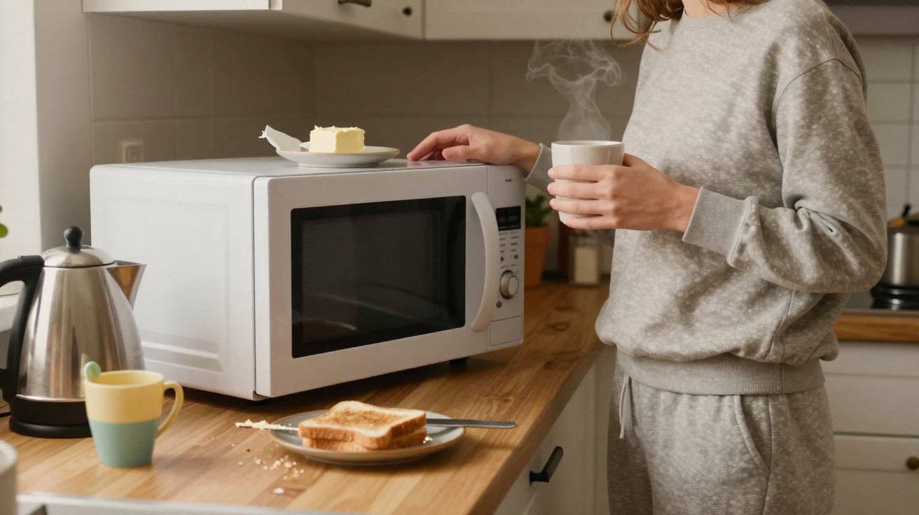 Pessoa em roupa confortável com chá quente junto a micro-ondas e torradas na cozinha.