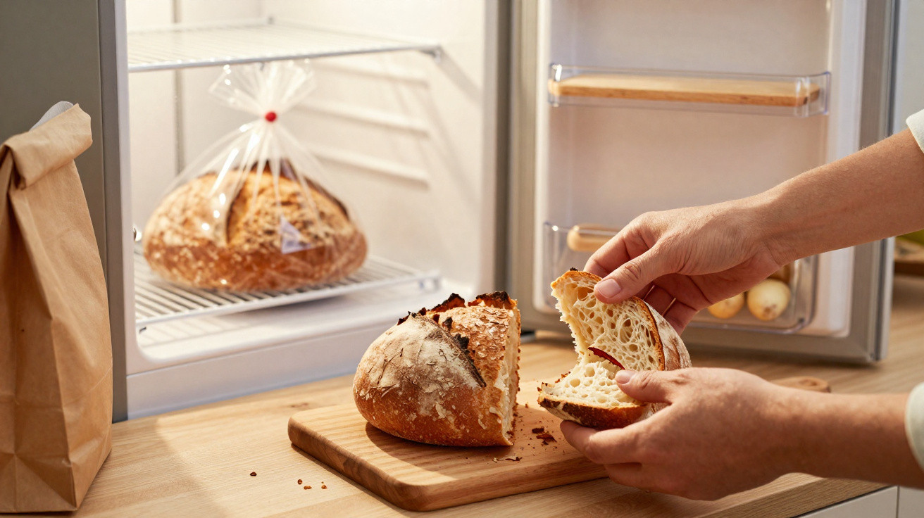 Mãos a partir um pão rústico em duas partes, com pão embalado dentro de um frigorífico aberto ao fundo.