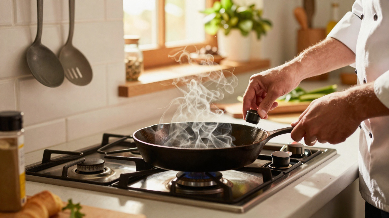 Chef a cozinhar com frigideira fumegante num fogão a gás numa cozinha iluminada.