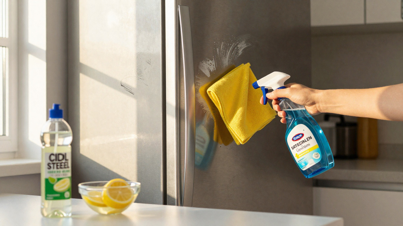 Mão a limpar a porta de frigorífico inox com spray e pano amarelo numa cozinha luminosa.