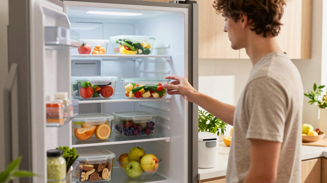 Homem a retirar um recipiente com legumes frescos de uma frigorífico organizado na cozinha.