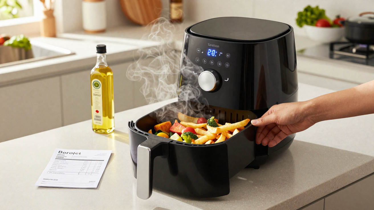 Frigideira elétrica preta com batatas fritas e vegetais frescos a ser retirada numa cozinha moderna.