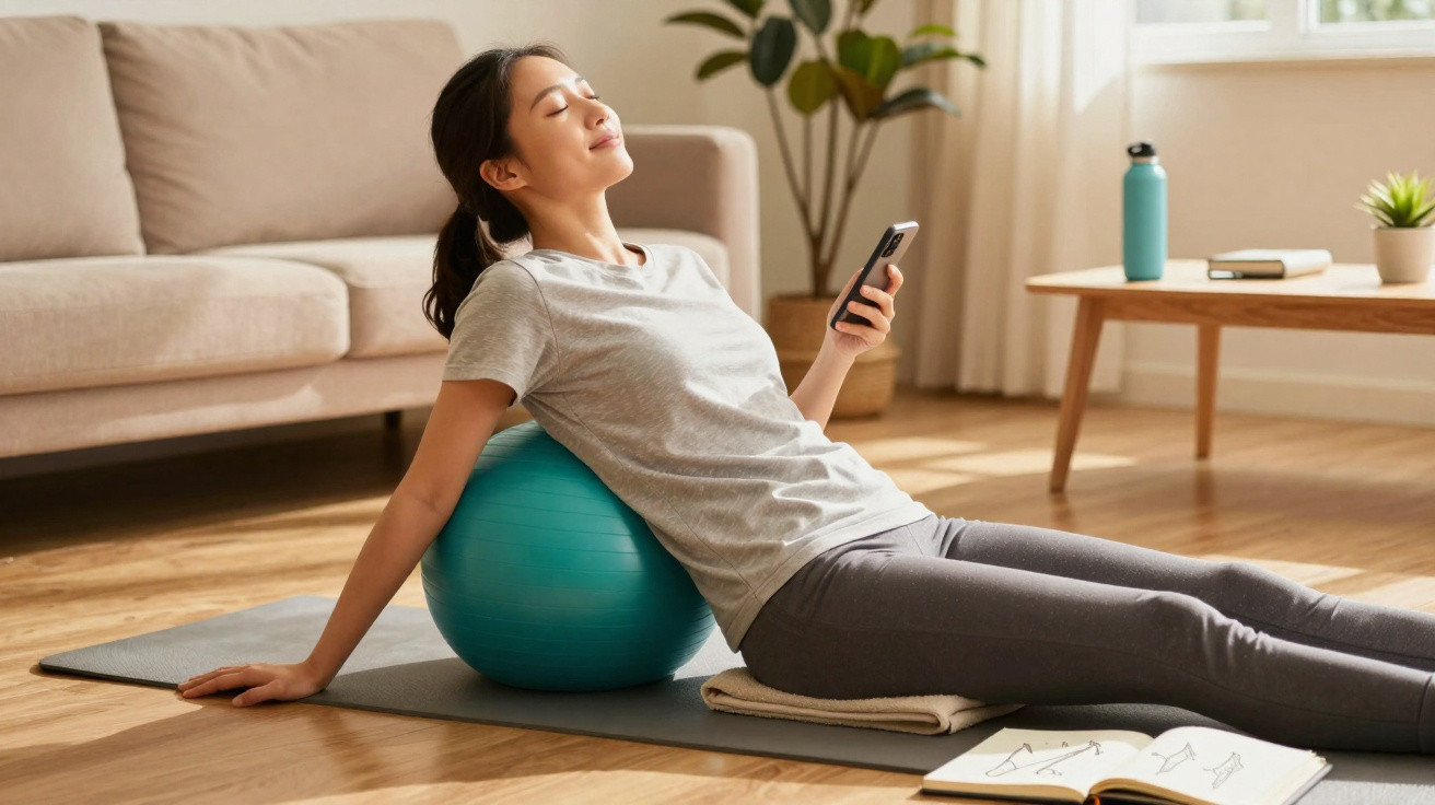 Mulher sentada no chão com bola de exercício a relaxar e segurar telemóvel numa sala iluminada.