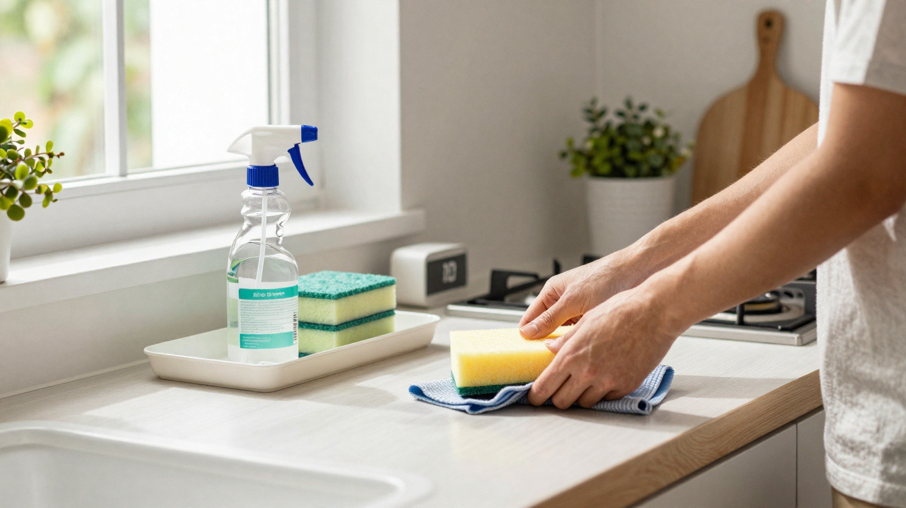 Pessoa a limpar bancada da cozinha com esponja e pano, ao lado de spray e esponjas adicionais.