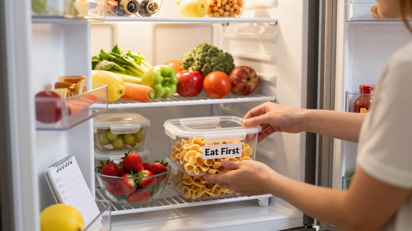 Mãos a guardar recipiente com massa etiquetado "Eat First" num frigorífico cheio de fruta e legumes variados.
