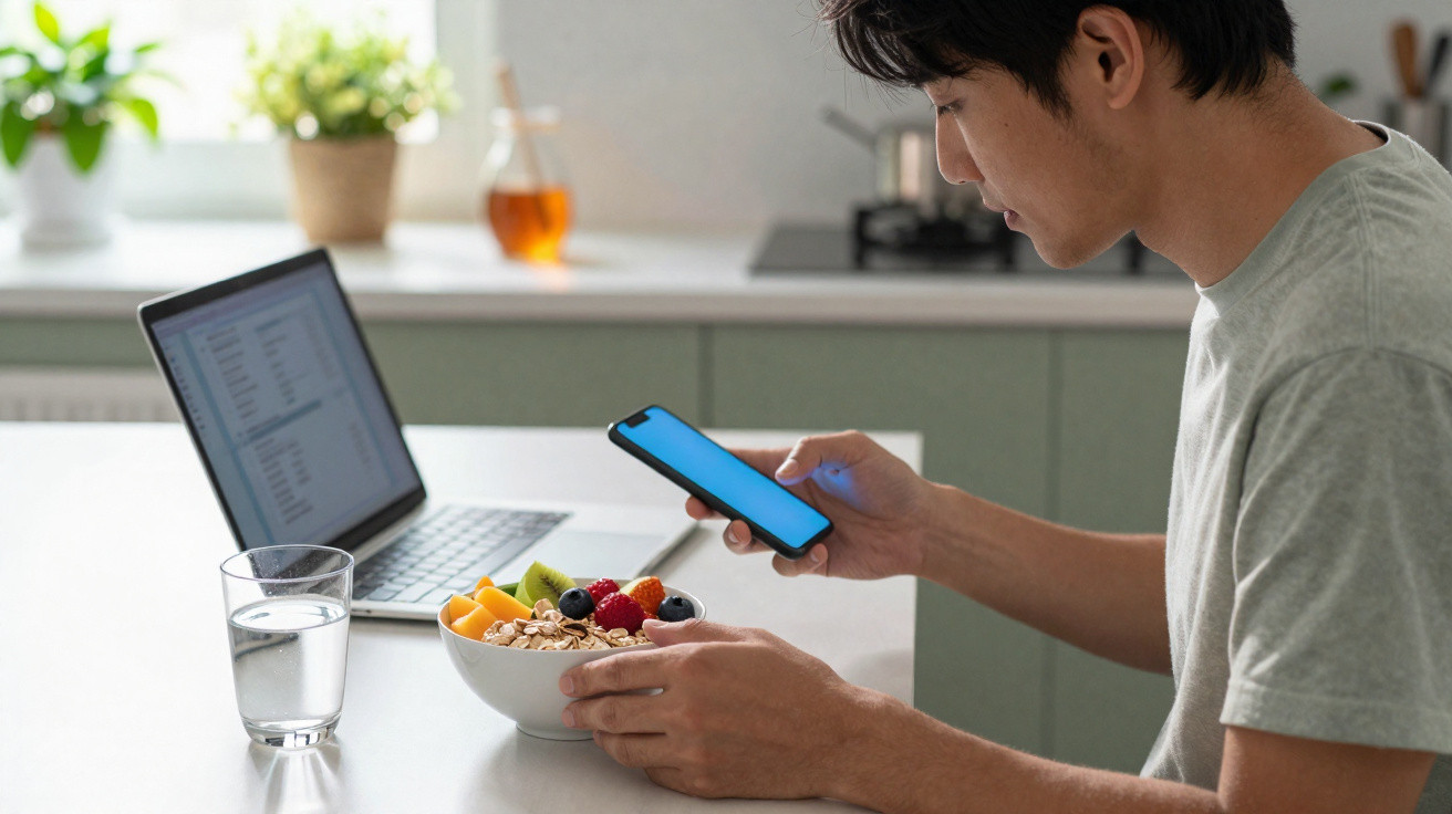 Homem sentado a comer uma taça de frutas e cereais enquanto usa um telemóvel, com portátil e copo de água na mesa.