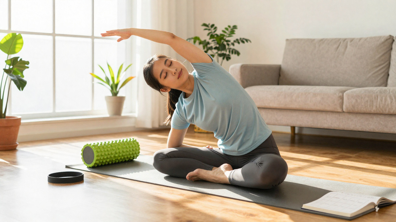 Mulher faz alongamento lateral sentada no tapete de yoga numa sala com luz natural e plantas.