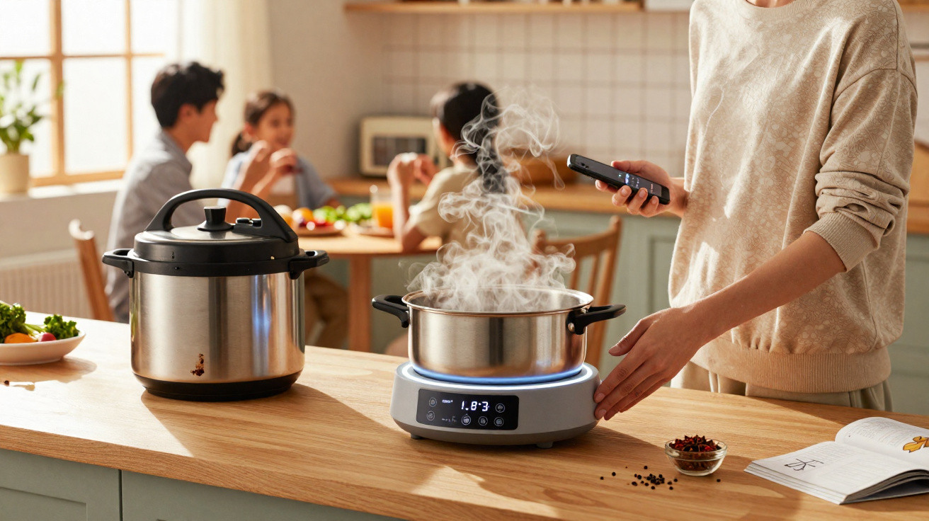 Pessoa ajusta fogão elétrico enquanto panela a ferver liberta vapor na cozinha com família ao fundo.