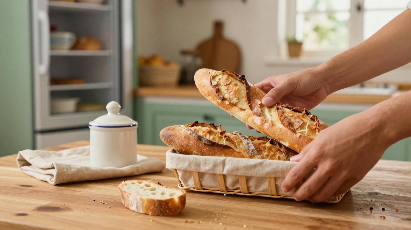 Mãos a pegar baguetes com amêndoas numa cesta sobre uma mesa de madeira numa cozinha iluminada.