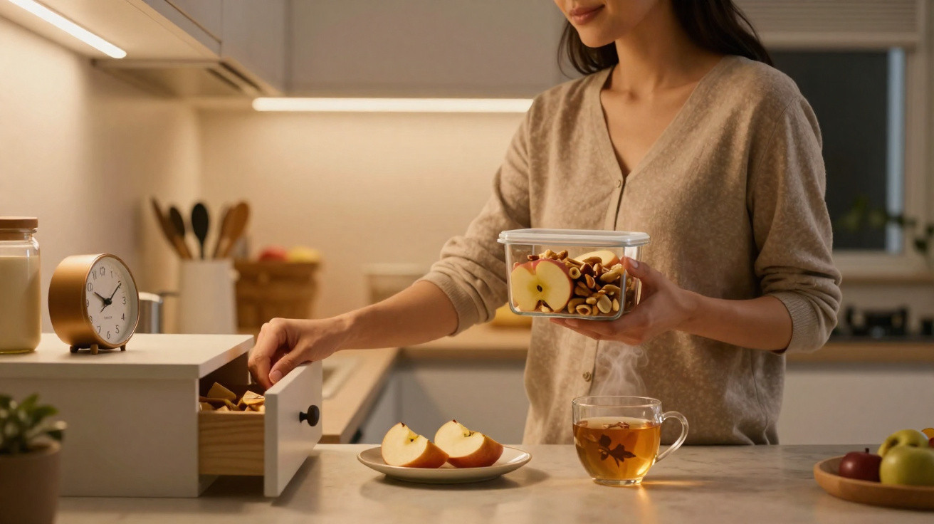 Mulher na cozinha a tirar snack de frutos secos de uma gaveta, com chá e maçãs cortadas na mesa.
