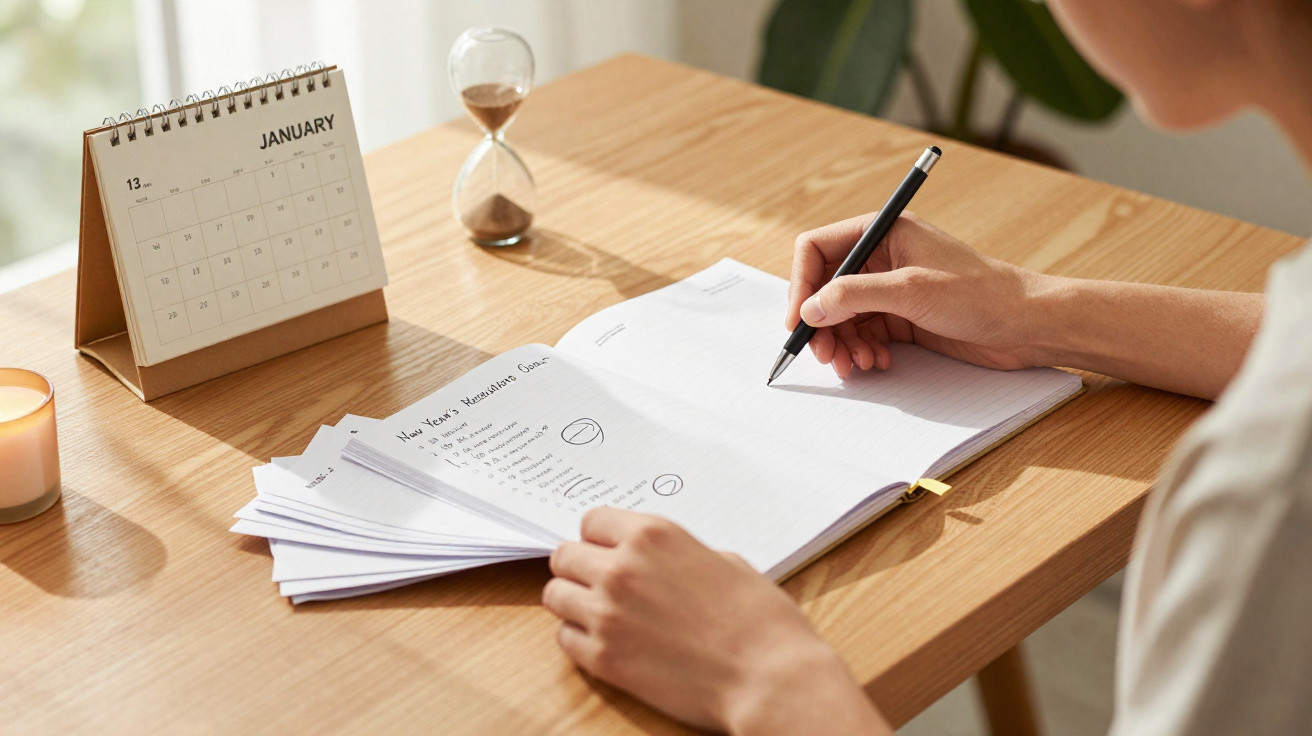 Pessoa a escrever num caderno num ambiente de trabalho com calendário, ampulheta e vela sobre mesa de madeira.