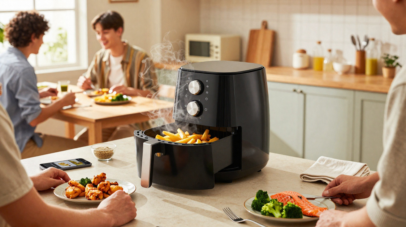 Fritadeira elétrica preta a cozinhar batatas fritas, rodeada por pessoas a comer numa cozinha moderna.