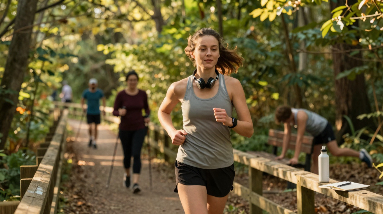 Mulher a correr num trilho florestal com pessoas a caminhar e fazer exercício ao fundo.
