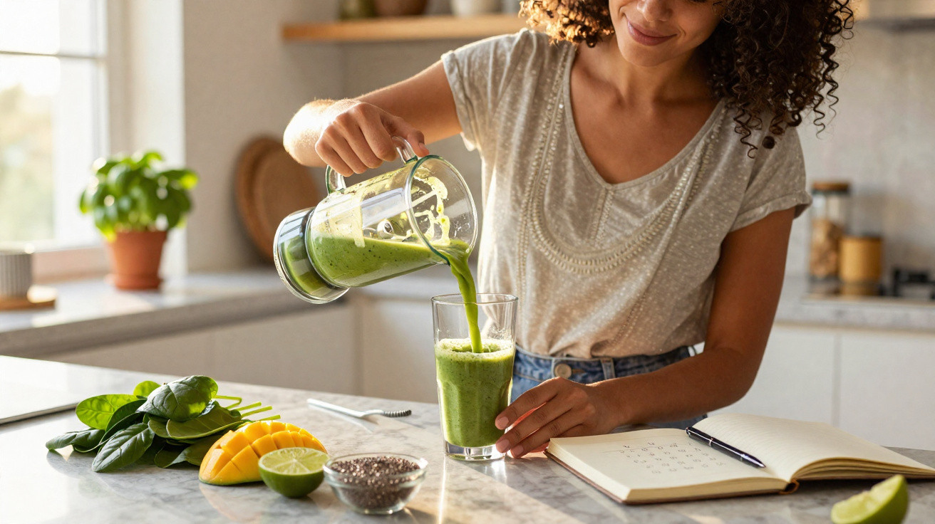 Mulher a verter smoothie verde num copo, rodeada de ingredientes frescos numa cozinha iluminada.