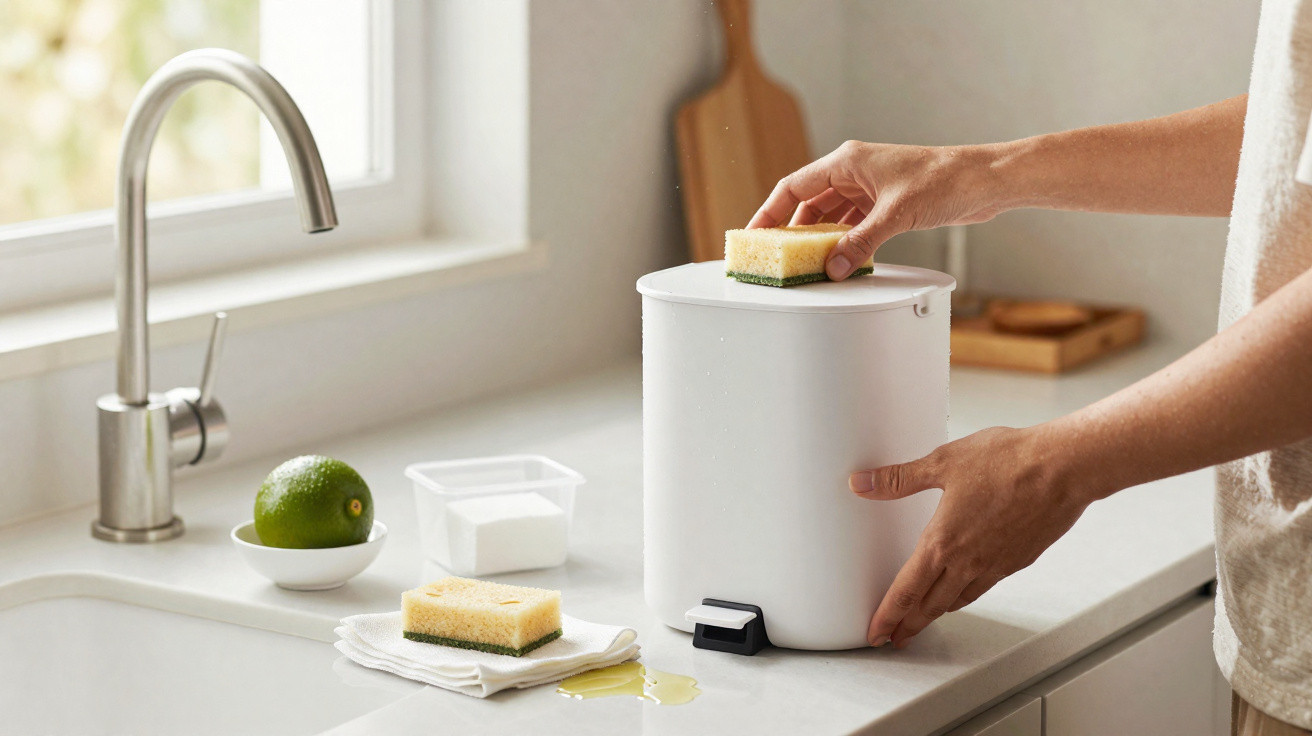 Mãos a colocar esponja sobre caixote do lixo branco com pedal numa bancada de cozinha limpa.