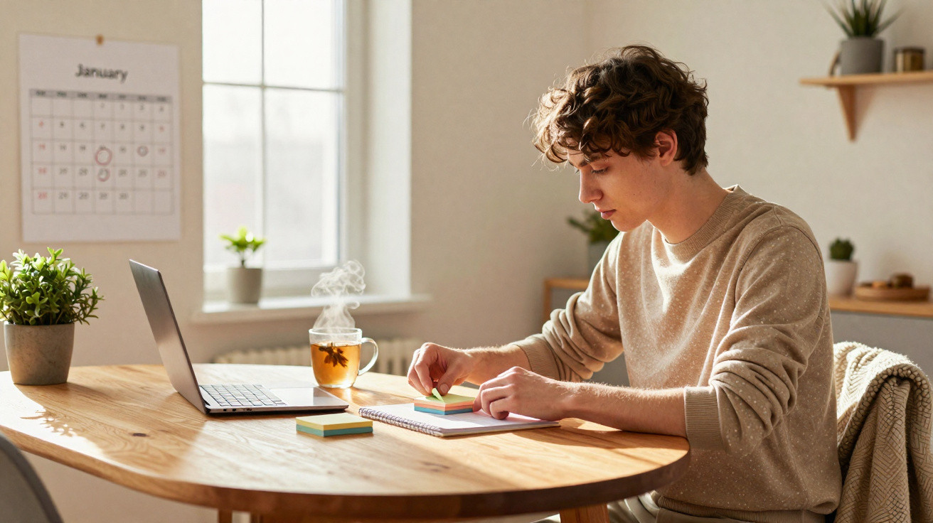 Jovem sentado à mesa a trabalhar com post-its e portátil numa sala iluminada com plantas e calendário na parede.