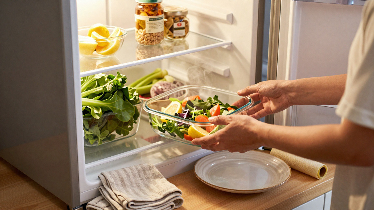 Pessoa a colocar salada fresca numa caixa de vidro para dentro do frigorífico doméstico.