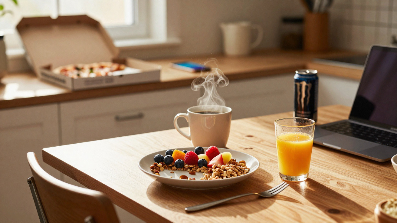 Mesa de madeira com pequeno-almoço: prato com frutas e frutos secos, chá, sumo de laranja e computador portátil.