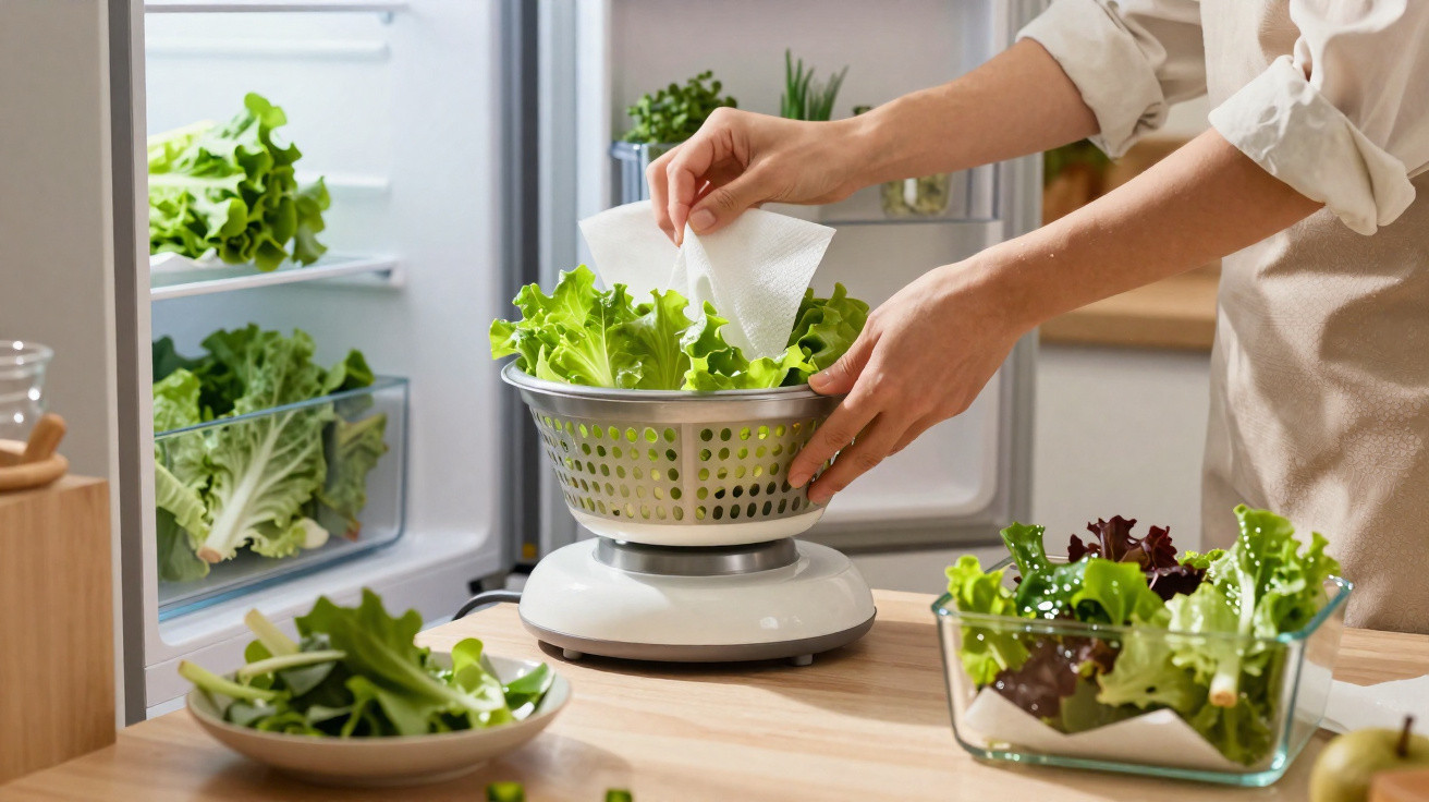 Pessoa a secar folhas de alface numa centrífuga de salada em cozinha com frigorífico aberto ao fundo.