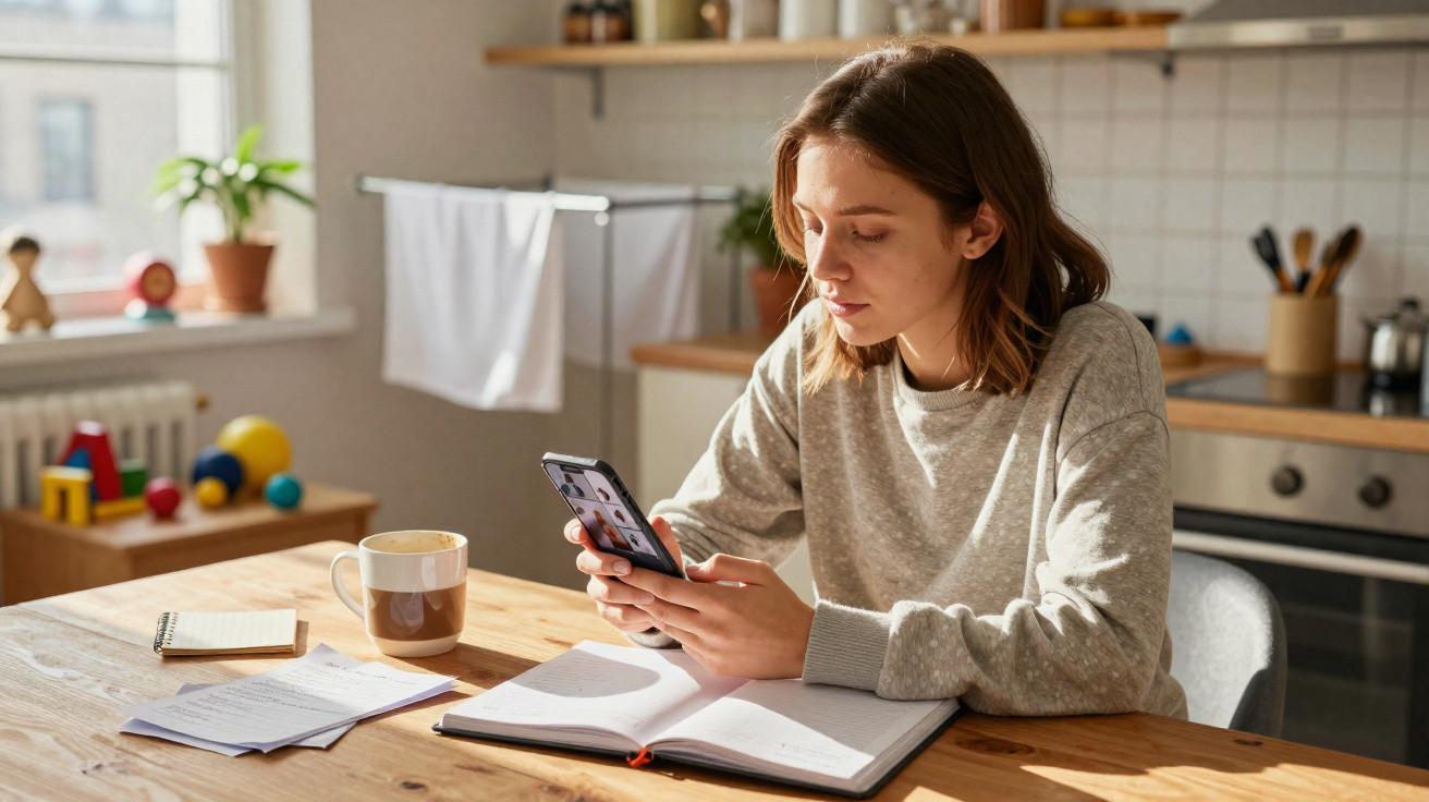 Jovem sentada na cozinha a usar telemóvel, com caderno e chá numa mesa de madeira iluminada pelo sol.
