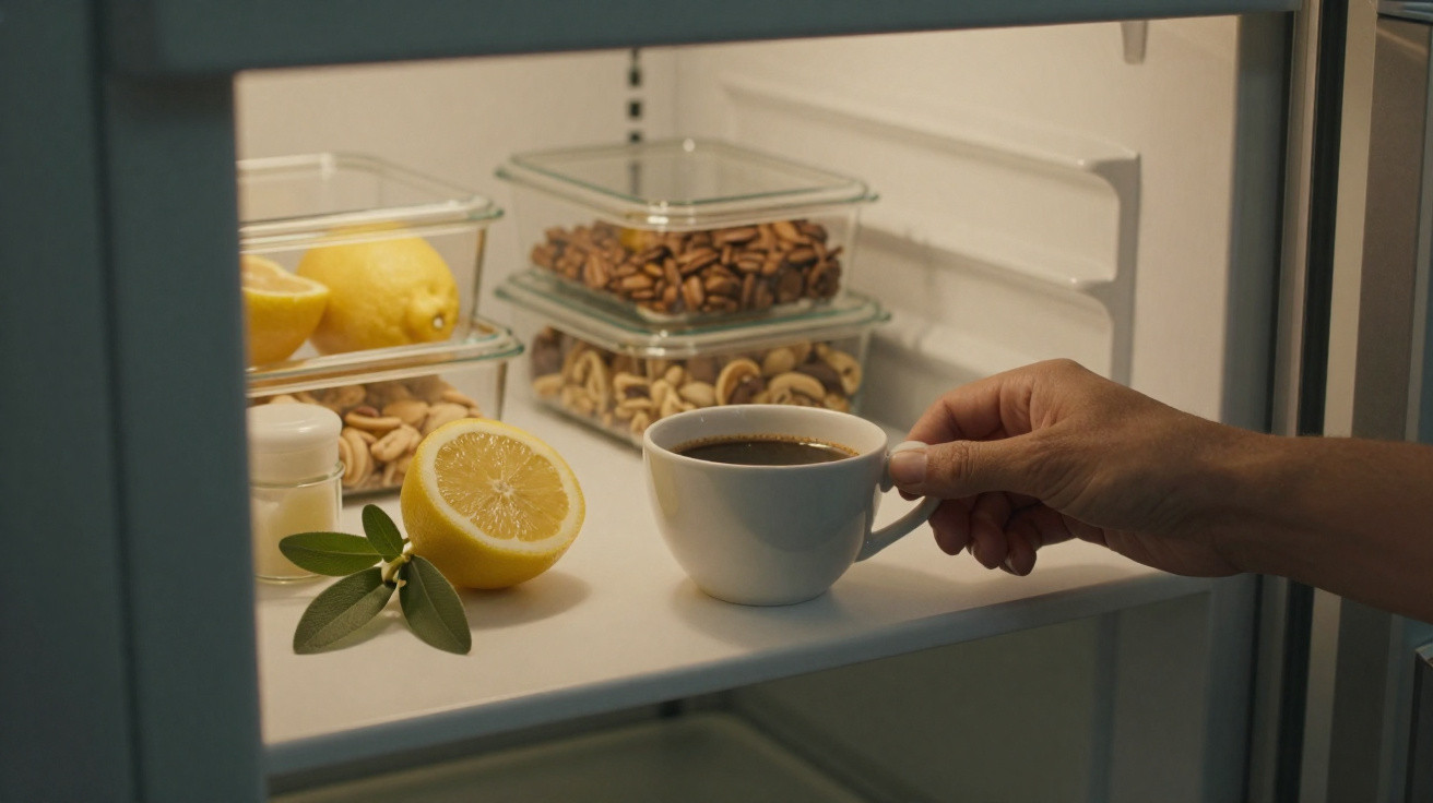 Frigorífico aberto com limões, frutos secos em recipientes e mão a pegar chávena de café.