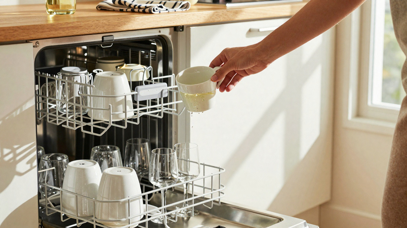 Pessoa a colocar chávena branca numa máquina de lavar louça aberta numa cozinha luminosa.