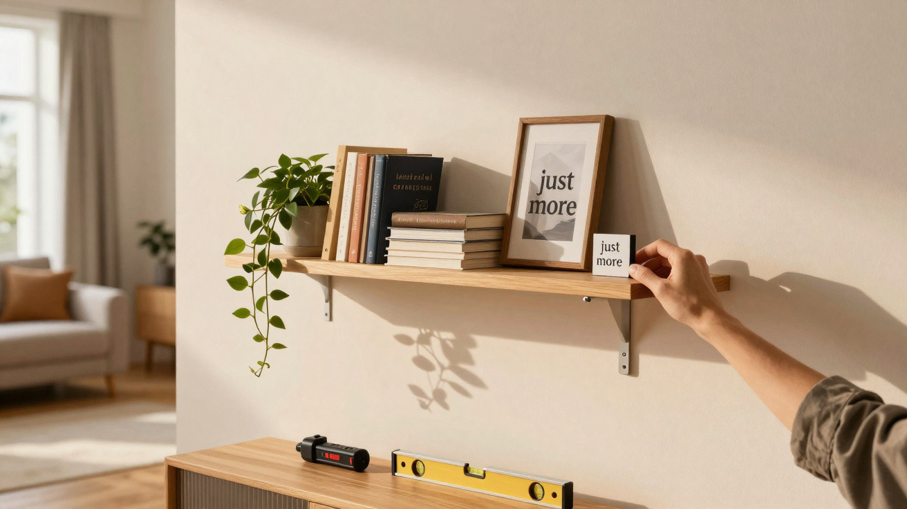 Mão a colocar autocolante "just more" numa prateleira de madeira com livros e planta, sala iluminada.
