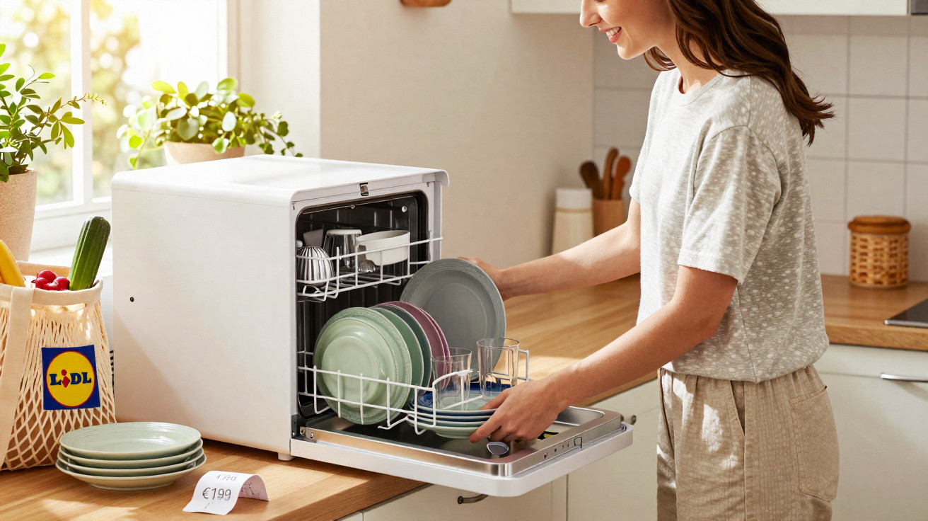 Mulher a colocar pratos numa máquina de lavar loiça compacta numa cozinha com luz natural.