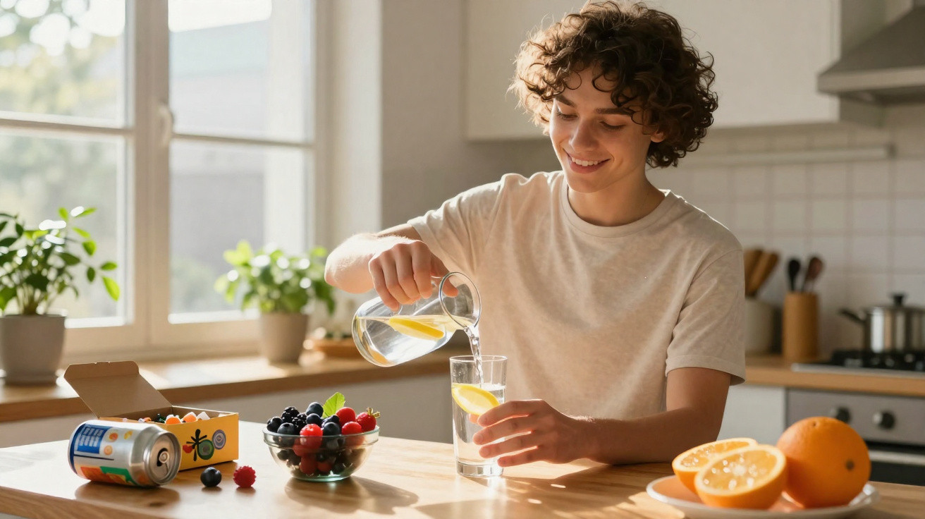 Jovem a servir água com limão num copo, sentado à mesa com frutas frescas e luz natural na cozinha.