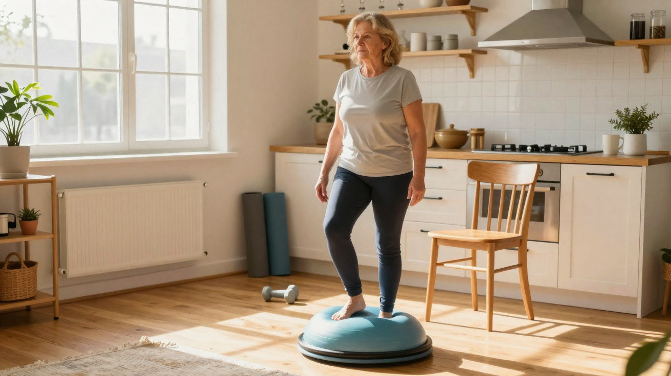 Mulher sénior a equilibrar-se numa plataforma de exercício na cozinha iluminada pelo sol.