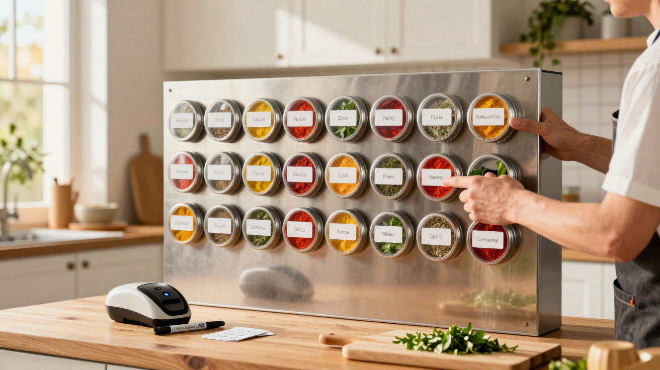 Mãos organizam frascos magnéticos com ervas e especiarias num quadro de metal numa cozinha iluminada.