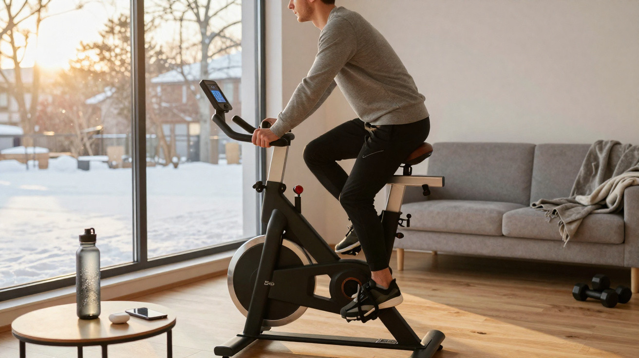 Homem a pedalar numa bicicleta estática num ambiente luminoso com janela grande e sofá cinzento ao fundo.