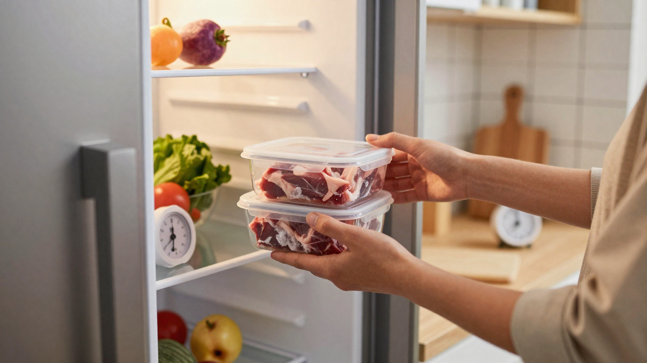 Mãos a guardar recipientes com carne crua na porta aberta de um frigorífico doméstico.